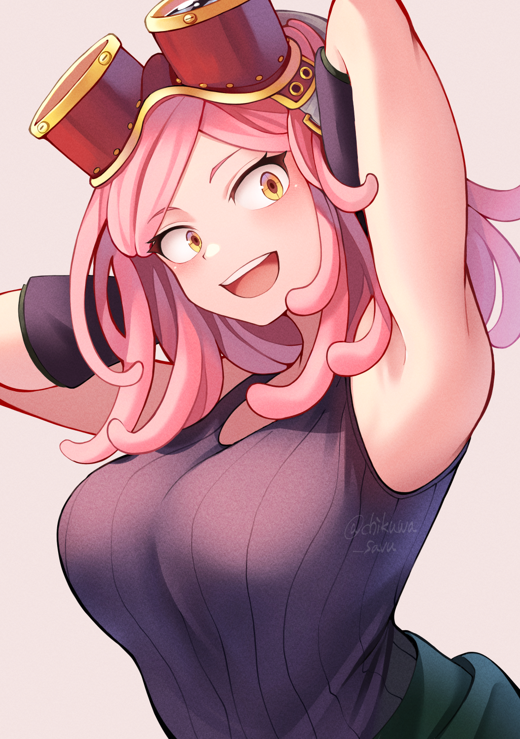 1girl, :d, arm_up, armpits, bangs, black_gloves, boku_no_hero_academia, breasts