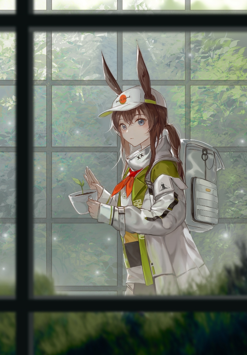 1girl, amiya_(arknights), amiya_(planter)_(arknights), animal_ears, arknights, backpack, bag, baseball_cap