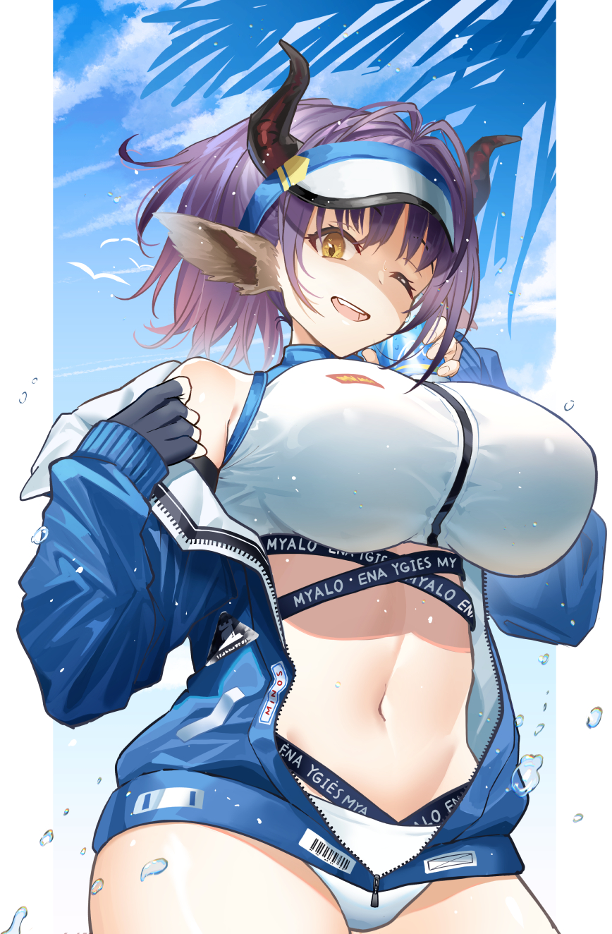 1girl, ;d, animal_ears, arknights, bangs, bare_shoulders, bikini, bikini_under_clothes, black_gloves, blue_sky, bottle, bottle_to_cheek, breasts, brown_eyes, clothes_writing, cow_ears, cow_girl, cow_horns, cowboy_shot, day, eyebrows_visible_through_hair, fingerless_gloves, gloves, highres, holding, holding_bottle, horns, huge_breasts, jacket, long_sleeves, looking_at_viewer, navel, nishitaka, off_shoulder, one_eye_closed, open_clothes, open_jacket, open_mouth, outdoors, purple_hair, short_hair, short_ponytail, sideroca_(arknights), sideroca_(light_breeze)_(arknights), sky, smile, solo, stomach, swimsuit, undressing, unzipped, visor_cap, water, white_bikini, white_headwear