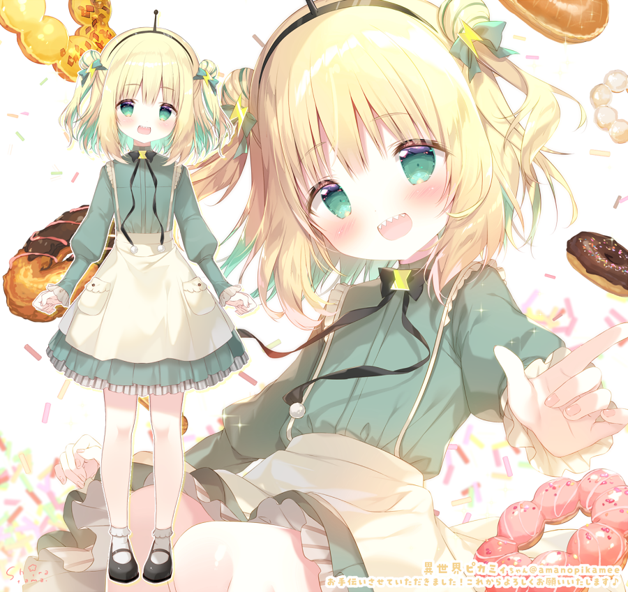 1girl, alternate_hairstyle, amano_pikamee, blonde_hair, blush, commentary_request, double_bun, food, full_body, green_eyes, hair_ornament, headband, looking_at_viewer, official_alternate_costume, official_art, shiratama_(shiratamaco), shoes, solo, teeth, virtual_youtuber, voms