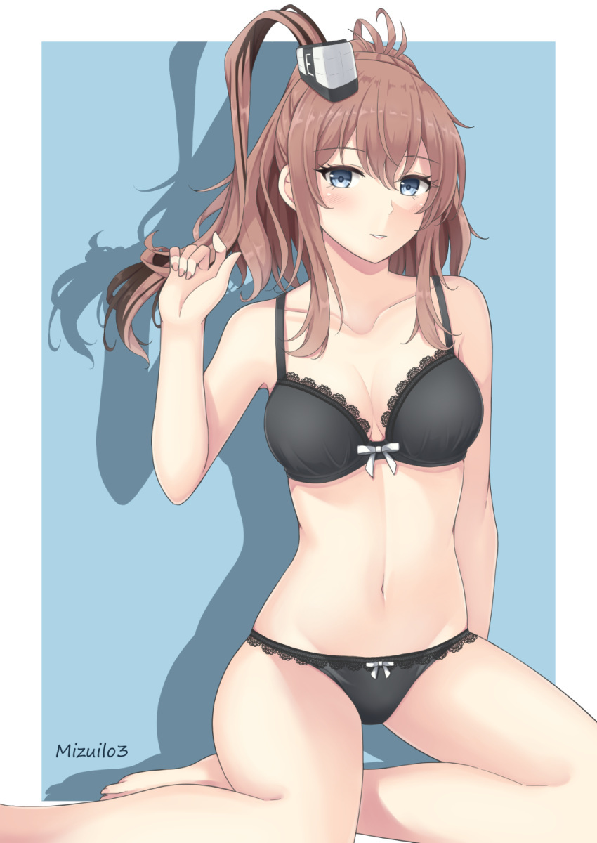 1girl, battle_effectiveness_award, black_bra, black_panties, blue_eyes, bra, breasts, brown_hair