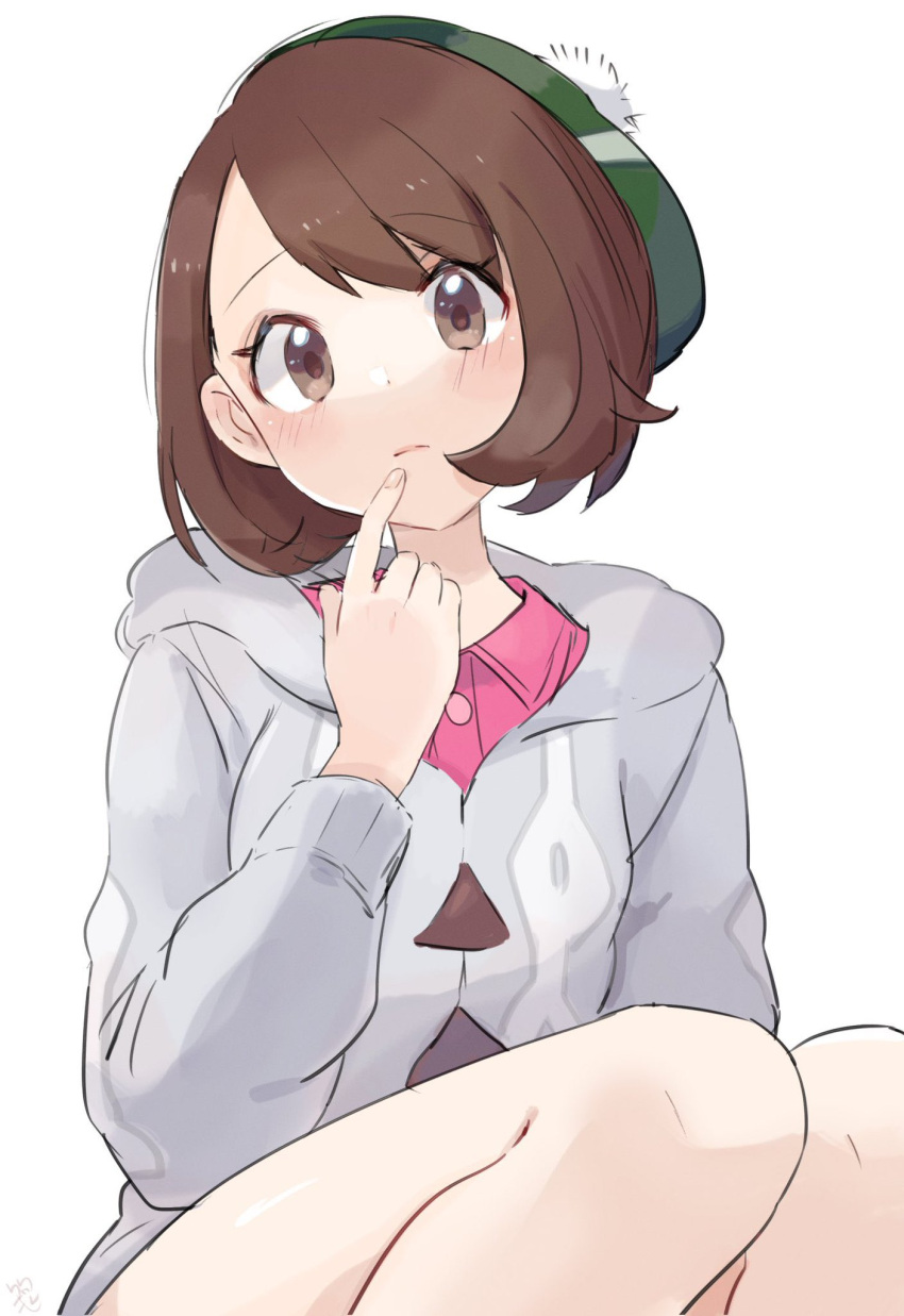 1girl, bangs, blush, bob_cut, brown_eyes, brown_hair, buttons, cable_knit