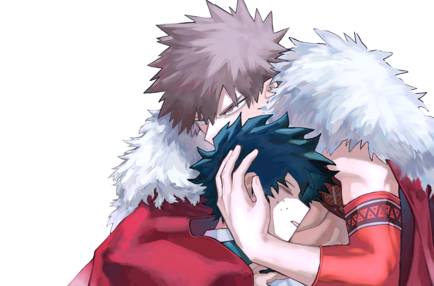 2boys, asatomjj, bakugou_katsuki, boku_no_hero_academia, cape, closed_eyes, freckles, fur_collar