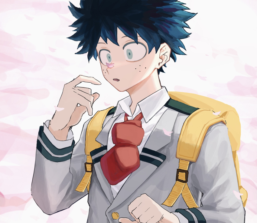 1boy, asatomjj, blazer, boku_no_hero_academia, cherry_blossoms, collared_shirt, freckles, green_eyes