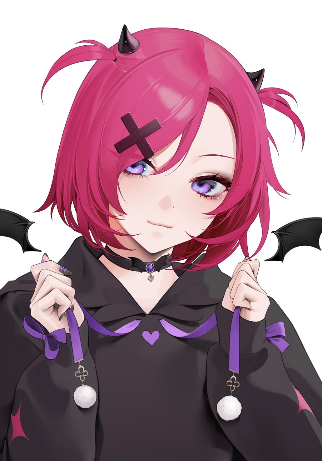 1girl, black_nails, blush, bow, choker, eyes_visible_through_hair, eyeshadow, gem, hair_ornament, heart, highres, holding, horns, jewelry, komurasaki_muma, long_sleeves, looking_at_viewer, makeup, mini_wings, nail_art, nail_polish, ohisashiburi, original, pink_hair, pom_pom_(clothes), project_luminasys, purple_bow, short_hair, simple_background, smile, solo, solo_focus, star_(symbol), twintails, violet_eyes, white_background, wings, x_hair_ornament