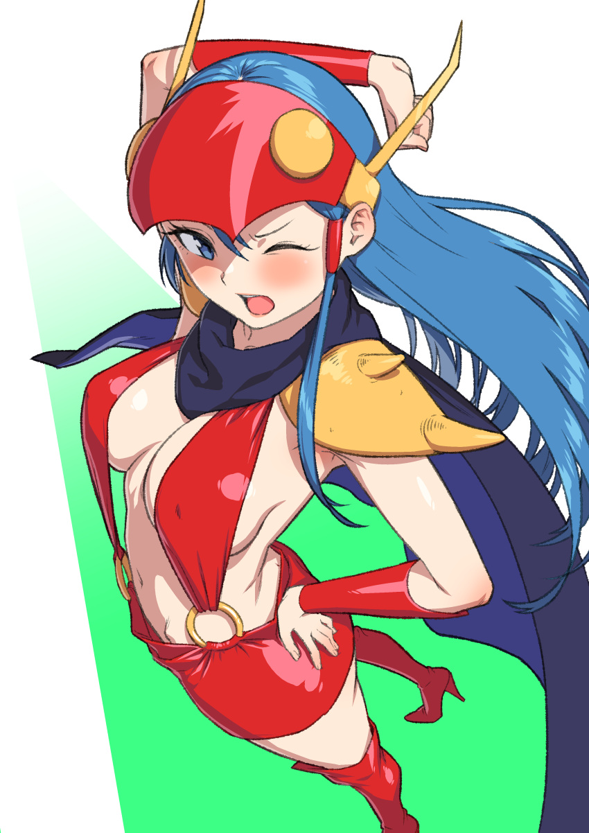 1girl, absurdres, armor, blue_cape, blue_eyes, blue_hair, blush, boots