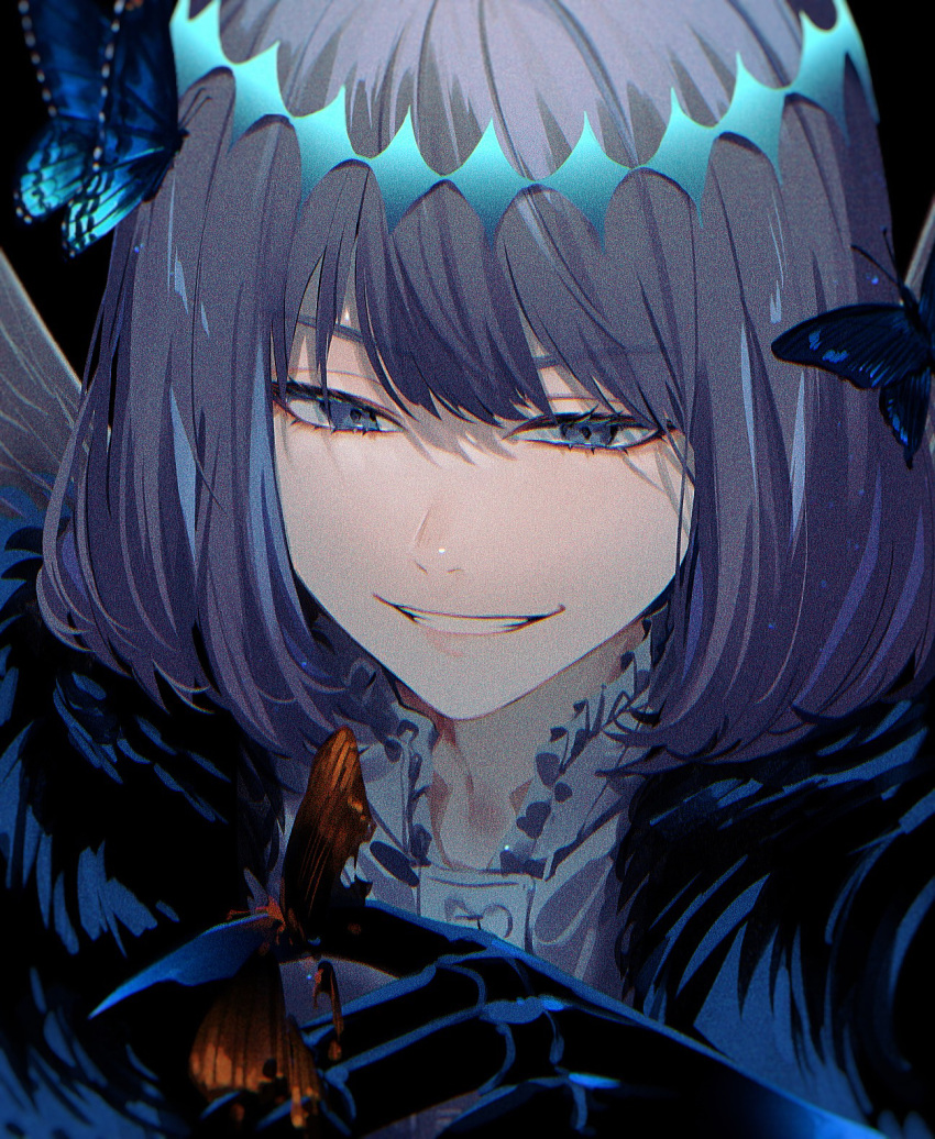 1boy, bangs, blue_hair, bug, butterfly, butterfly_on_hand, coat, dark_background