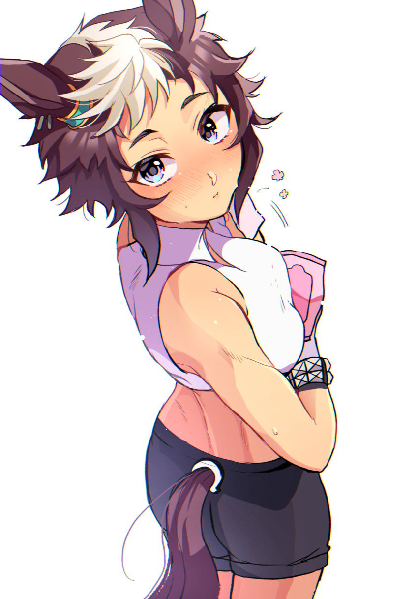 1girl, absurdres, animal_ears, bare_shoulders, black_shorts, blush, brown_hair, collared_shirt, cropped_shirt, ear_blush, ear_piercing, highres, horse_ears, horse_girl, horse_tail, looking_at_viewer, looking_back, mejiro_ryan_(umamusume), multicolored_hair, piercing, pmoufu, shiny, shiny_hair, shiny_skin, shirt, short_hair, short_shorts, shorts, simple_background, solo, sweat, tail, taut_clothes, taut_shirt, two-tone_hair, umamusume, violet_eyes, white_background, white_hair