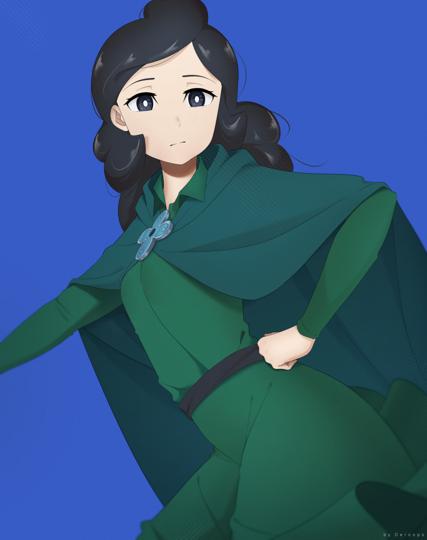 1girl, absurdres, artist_name, black_eyes, black_hair, blue_background, breasts, cape, deroops, dress, green_cape, green_dress, hand_on_hip, highres, long_hair, long_sleeves, looking_at_viewer, miranjo, ousama_ranking, small_breasts, solo, standing