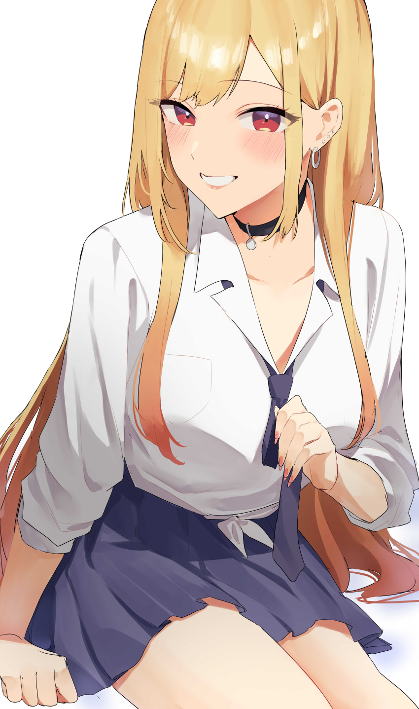 1girl, absurdres, bangs, blonde_hair, blush, breasts, collared_shirt, dress_shirt