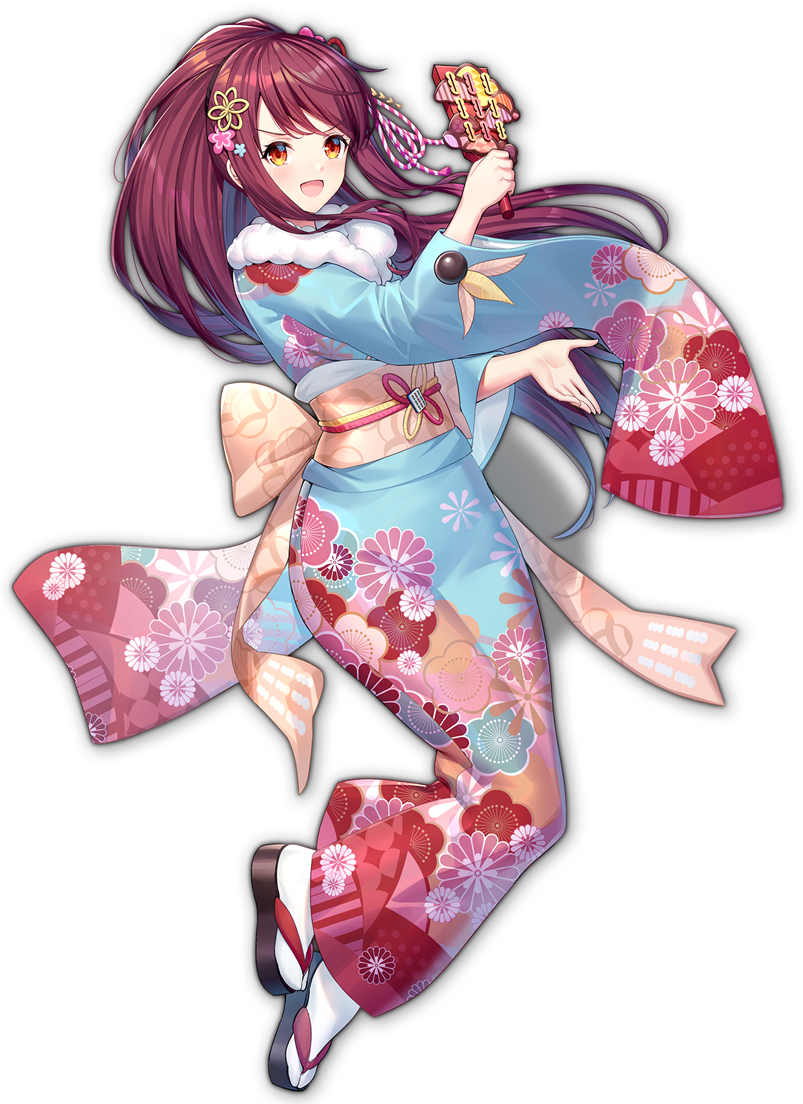 1girl, artist_request, floral_print, fur_collar, game_cg, hagoita, hair_ornament, holding