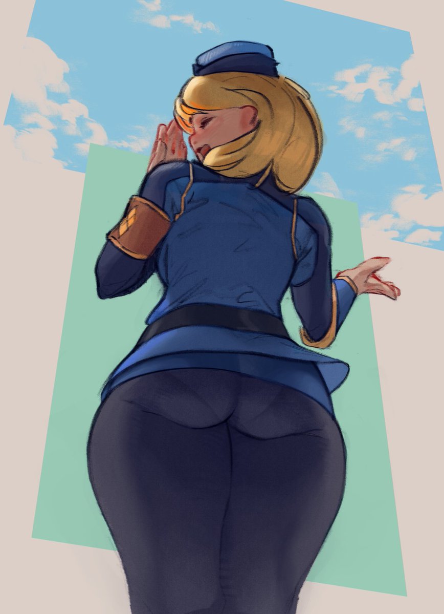 1girl, armband, ass, belt, bherna_gal, black_legwear, blonde_hair, blue_headwear, blue_jacket, blue_skirt, blue_sky, closed_eyes, covering_mouth, curvy, from_behind, from_below, garrison_cap, hand_over_own_mouth, harsh-mallowz, hat, jacket, laughing, legs_together, microskirt, monster_hunter_(series), open_mouth, pantyhose, pantylines, short_hair, skirt, sky, solo, standing, uniform, vambraces