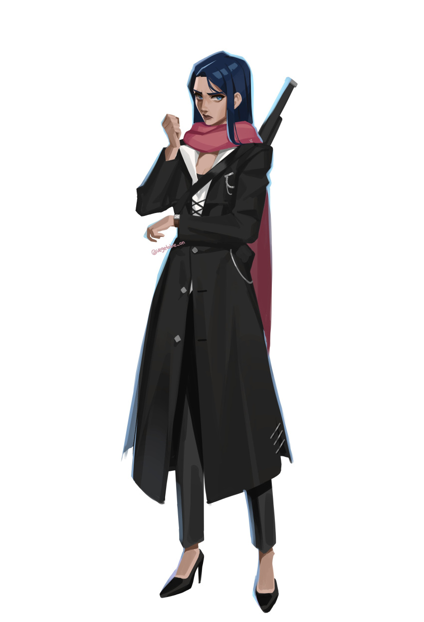1girl, absurdres, alternate_costume, bangs, black_coat, black_footwear, black_pants, brie_(vegetable_on), caitlyn_(league_of_legends), closed_mouth, coat, full_body, grey_background, hand_up, high_heels, highres, league_of_legends, long_hair, long_sleeves, pants, pink_scarf, scarf, shiny, shiny_hair, simple_background, solo, weapon