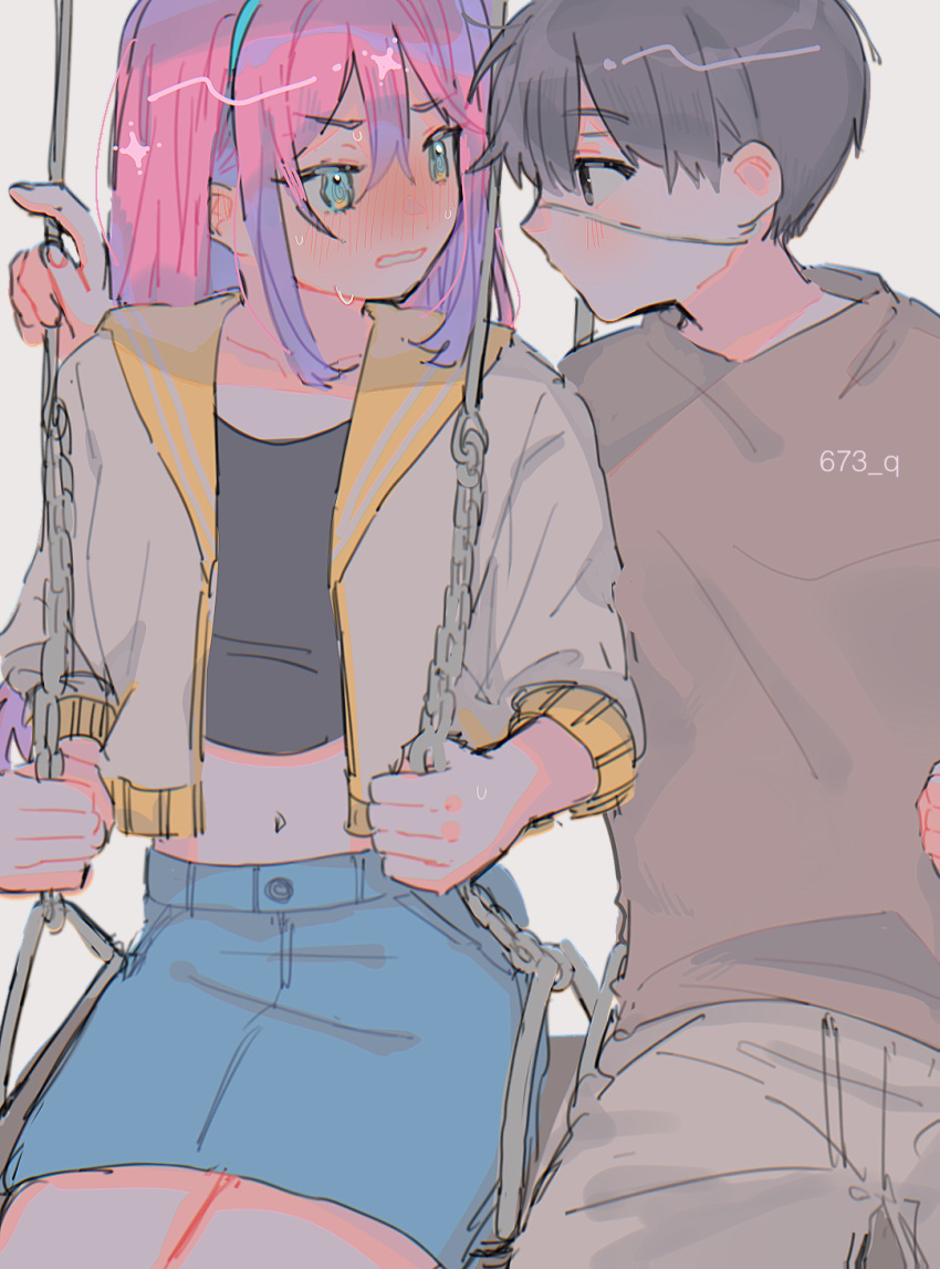 1boy, 1girl, aqua_eyes, aqua_hairband, aubrey_(omori), bangs, black_eyes, black_hair