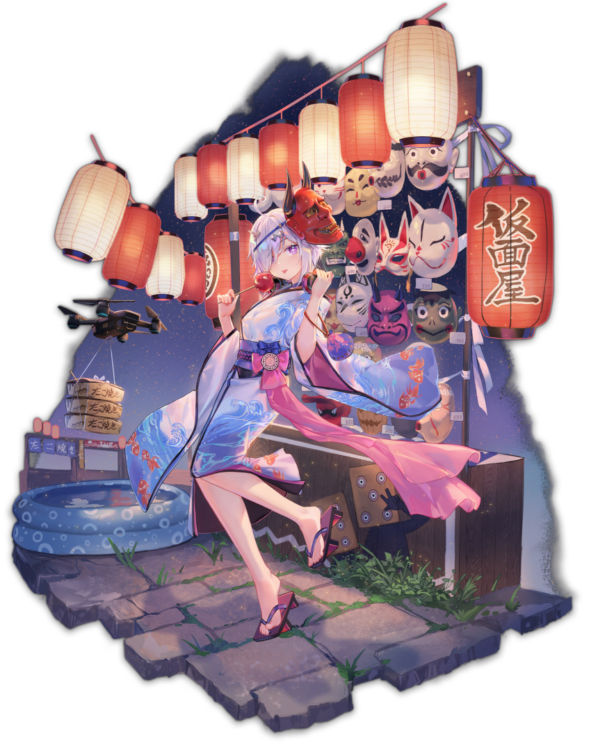 1girl, ahoge, animal_print, artist_request, candy_apple, drone, feet, fish_print, food, fox_mask, game_cg, grass, hair_ornament, headphones, highres, holding, holding_food, holding_headphones, japanese_clothes, kappa_mask, kimono, lantern, looking_at_viewer, mahjong_soul, market_stall, mask, mask_on_head, nipples, obi, official_art, oni_mask, paper_lantern, plant, price_tag, quadcopter, ribbon, sandals, sash, solo, stone_walkway, suzumiya_anju, third-party_source, tongue, tongue_out, transparent_background, twilight, violet_eyes, wading_pool, wave_print, white_hair, yostar