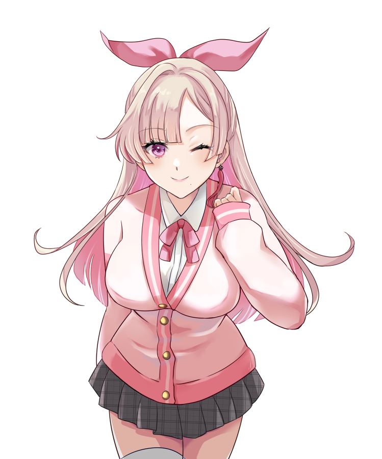 1girl, 24_owl15, ;), asymmetrical_bangs, bangs, black_skirt, blonde_hair, blunt_bangs