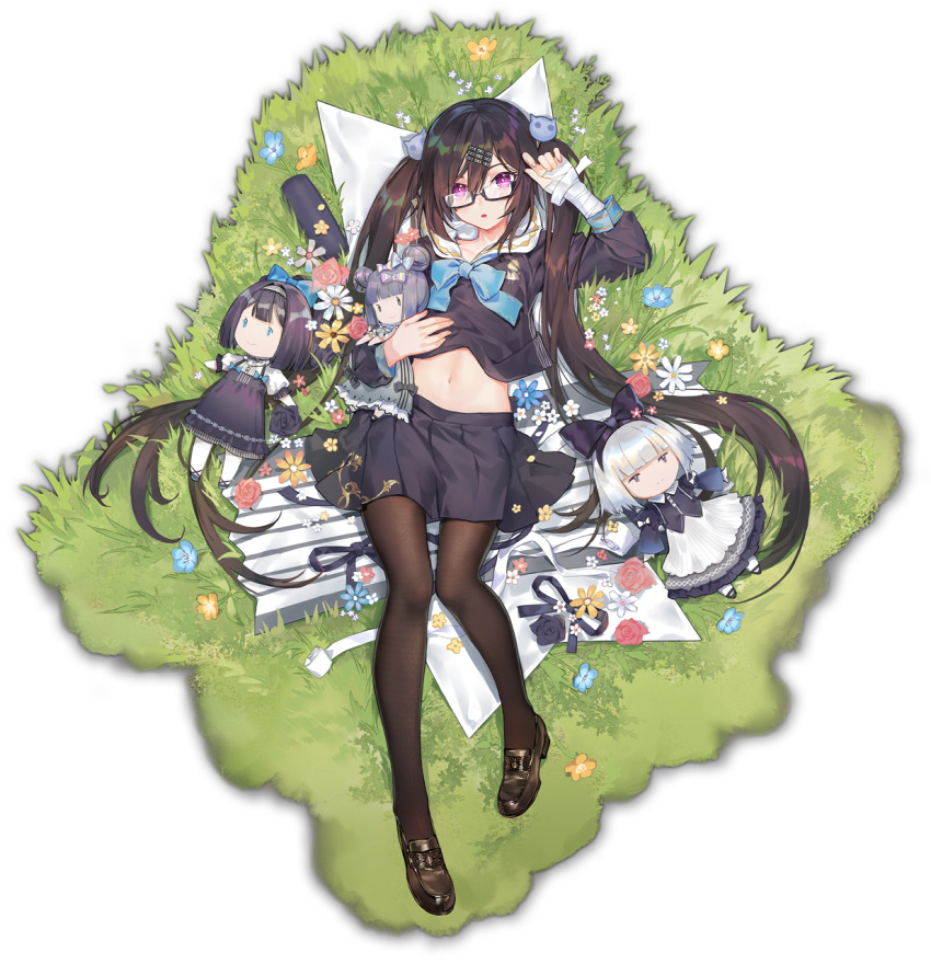 1girl, artist_request, bandaged_arm, bandages, black_bow, black_footwear, black_skirt, blue_bow