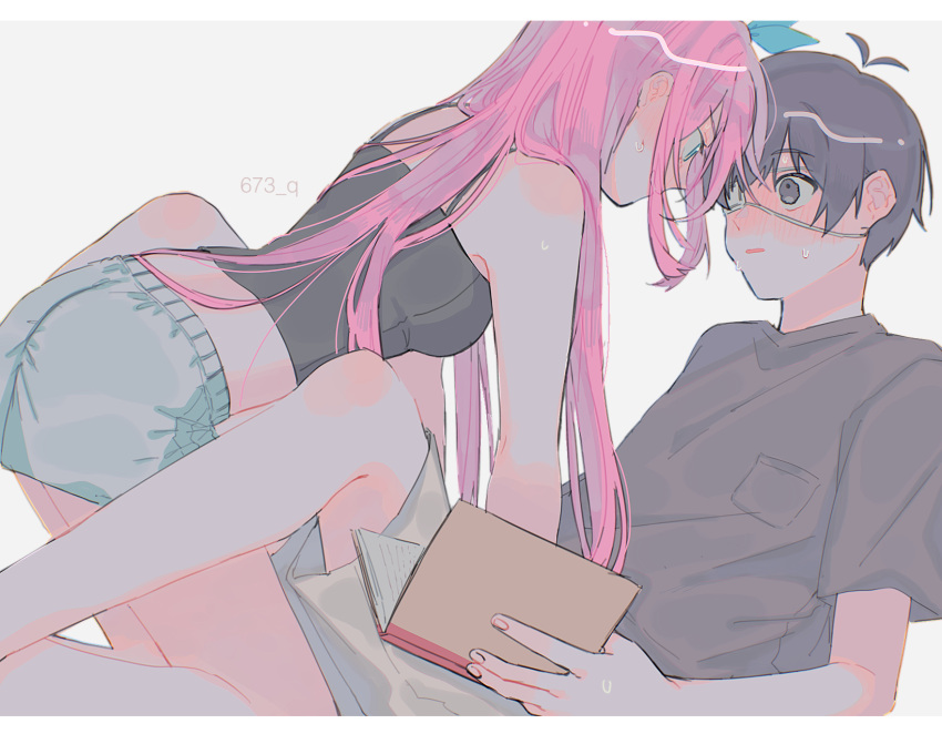 1boy, 1girl, aqua_bow, aqua_eyes, aubrey_(omori), bangs, bare_legs, beige_shorts