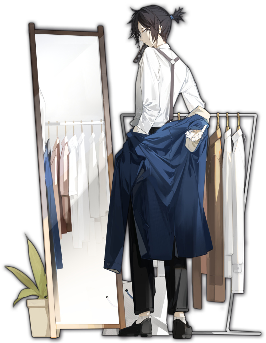 1boy, artist_request, black_footwear, black_hair, black_legwear, blue_jacket, clothes_rack, dressing_room, eyewear_in_mouth, game_cg, glasses, grey_eyes, highres, jacket, kisaragi_ren_(mahjong_soul), looking_at_viewer, looking_back, mahjong_soul, mirror, mouth_hold, official_art, plant, potted_plant, profile, shirt, simple_background, solo, suspenders, third-party_source, tied_hair, transparent_background, undressing, white_shirt, yostar
