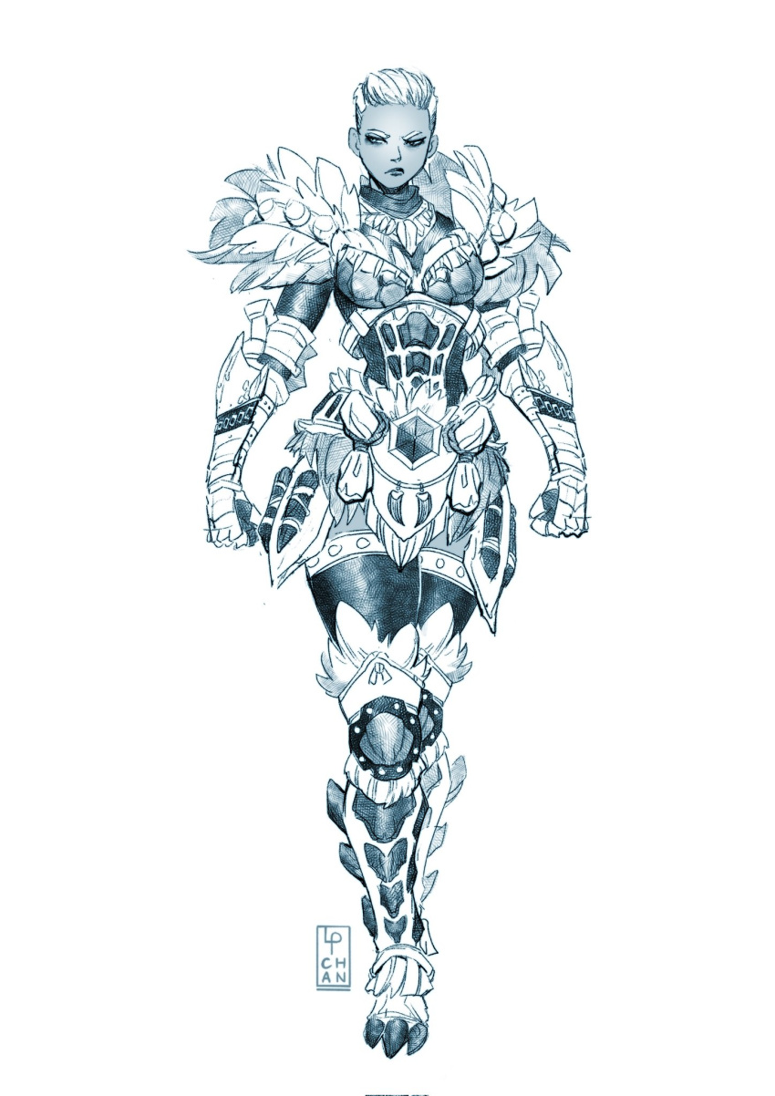 1girl, armor, basarios_(armor), boobplate, clenched_hands, dark-skinned_female, dark_skin, english_commentary, faulds, frills, full_armor, full_body, gauntlets, goss_harag_(armor), greaves, highres, knee_pads, looking_to_the_side, monochrome, monster_hunter_(character), monster_hunter_(series), monster_hunter_rise, pechan, short_hair, solo, standing, thigh-highs, very_short_hair, white_background