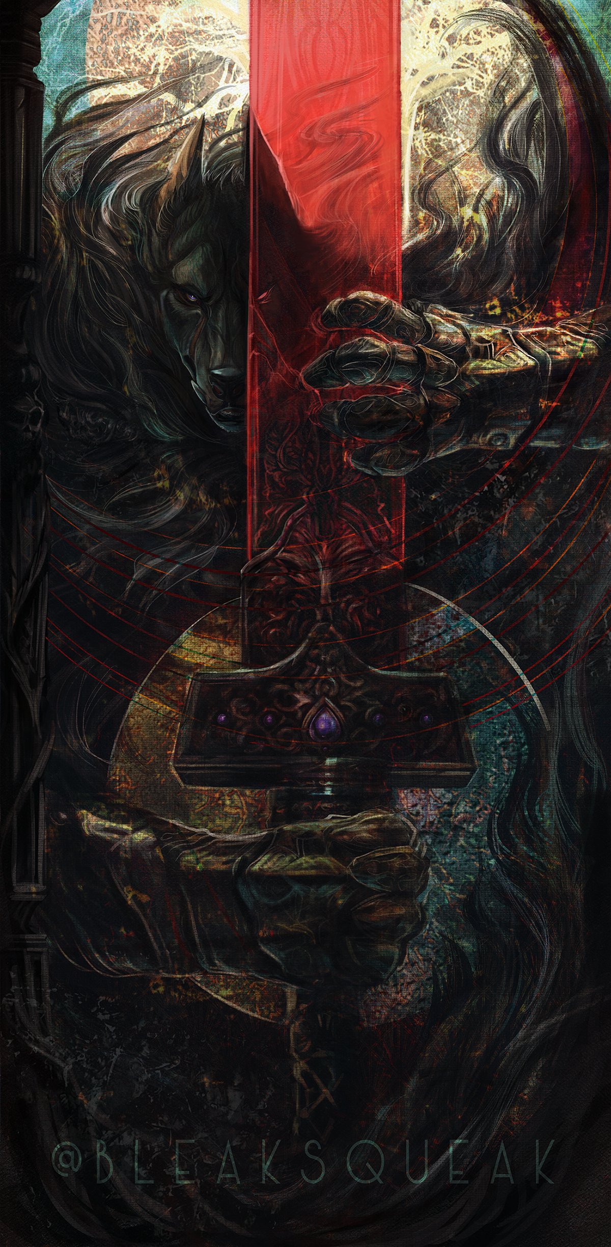 1boy, absurdres, armor, blaidd_the_half-wolf, elden_ring, furry, furry_male, gauntlets, highres, holding, holding_sword, holding_weapon, looking_at_viewer, male_focus, pupukachoo, solo, sword, twitter_username, weapon