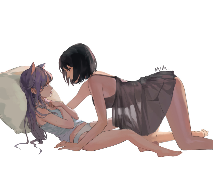 2girls, age_difference, animal_ears, artist_name, bare_arms, bare_legs, barefoot, black_babydoll