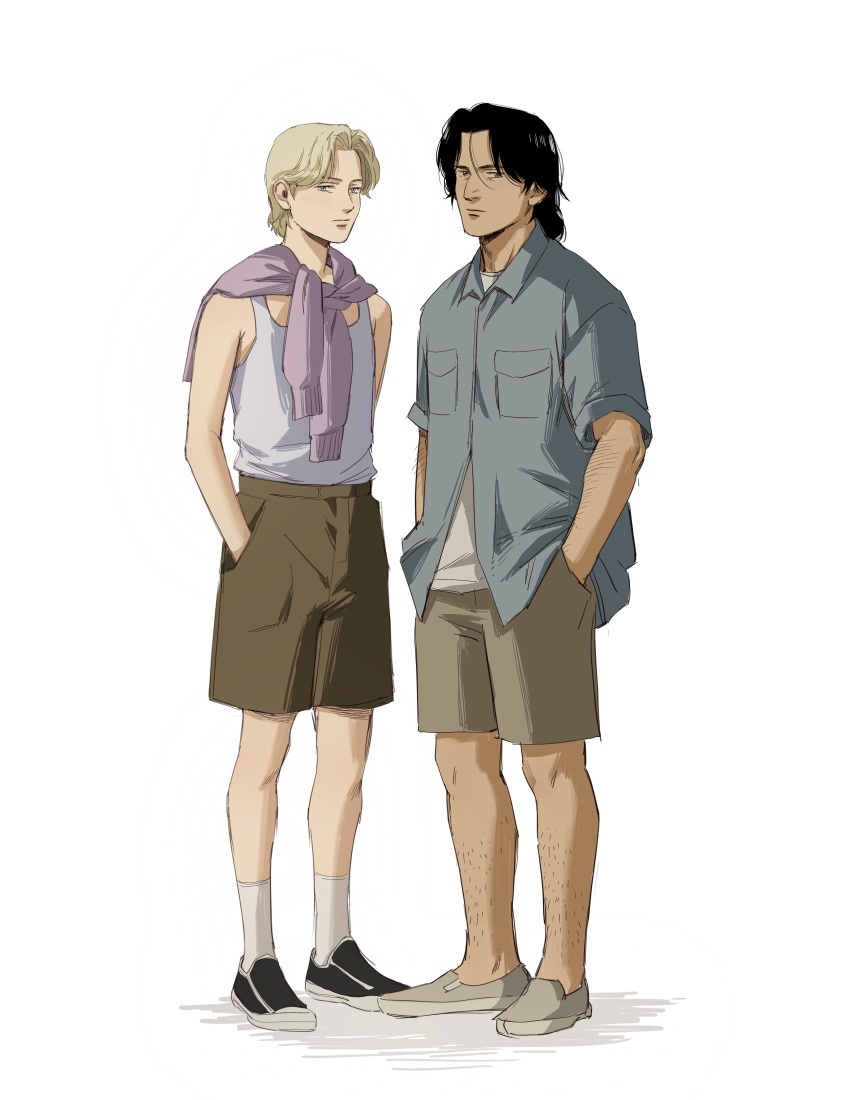 2boys, absurdres, bangs, black_footwear, black_hair, blonde_hair, blue_jacket, body_hair