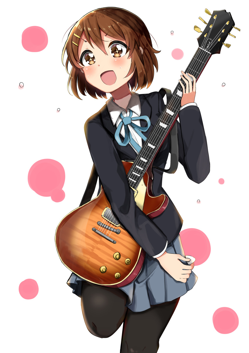 1girl, :d, absurdres, black_legwear, blue_ribbon, blush, brown_eyes, brown_hair
