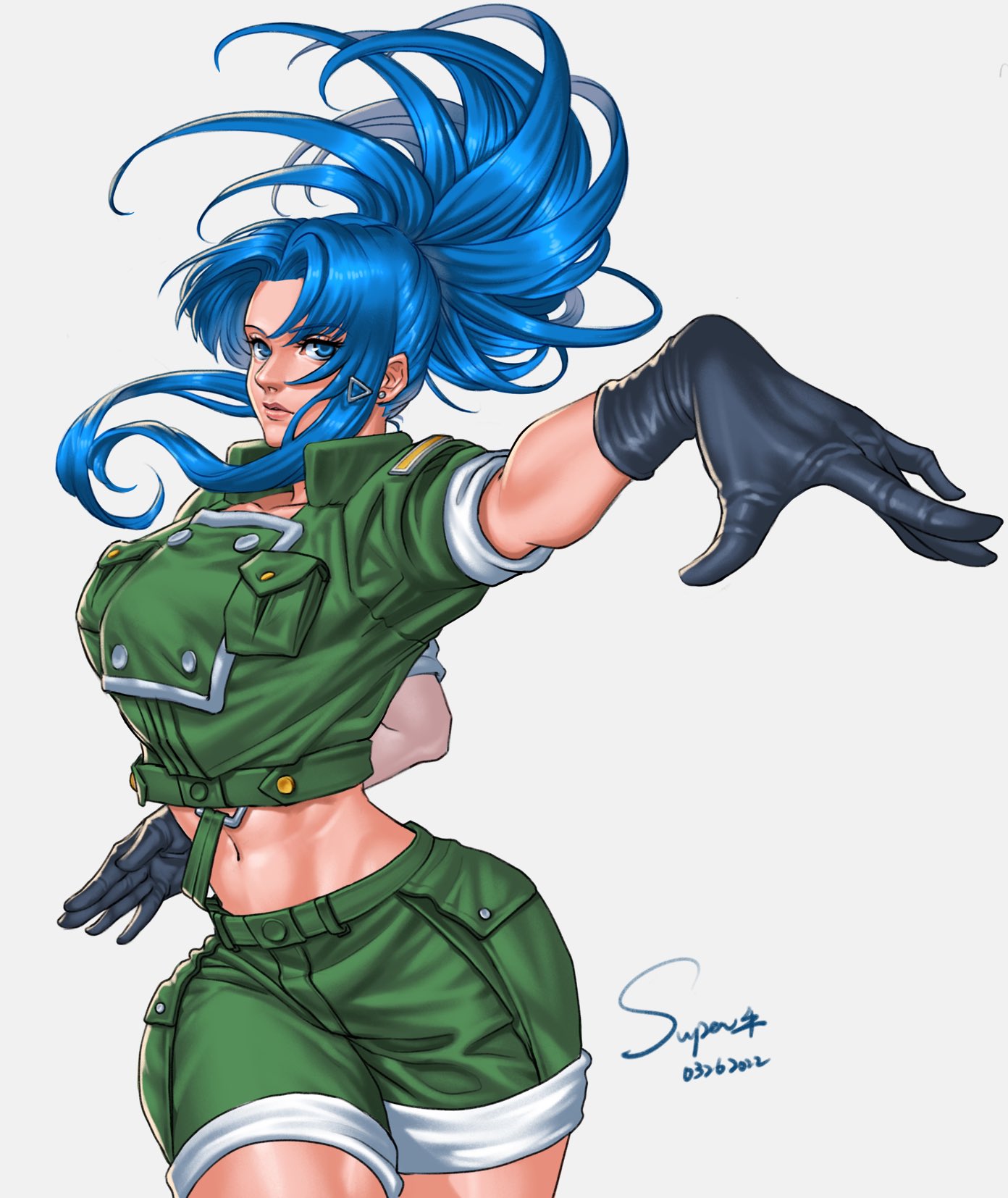 1girl, abs, bangs, blue_eyes, blue_hair, earrings, gloves, green_jacket, highres, jacket, jewelry, leona_heidern, looking_at_viewer, midriff, military, navel, ponytail, short_sleeves, shorts, signature, simple_background, solo, superbull164164, suspenders, the_king_of_fighters, the_king_of_fighters_xv, triangle_earrings, twisted_torso