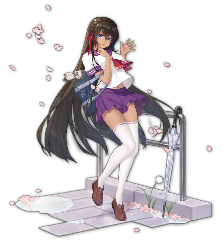 1girl, artist_request, bag, blue_eyes, braid, brown_footwear, brown_hair, dandelion