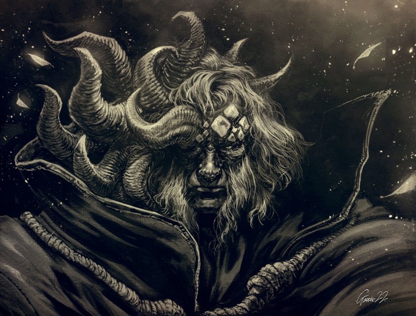 1boy, andrea_guardino, asymmetrical_horns, closed_mouth, elden_ring, highres, horns, looking_at_viewer