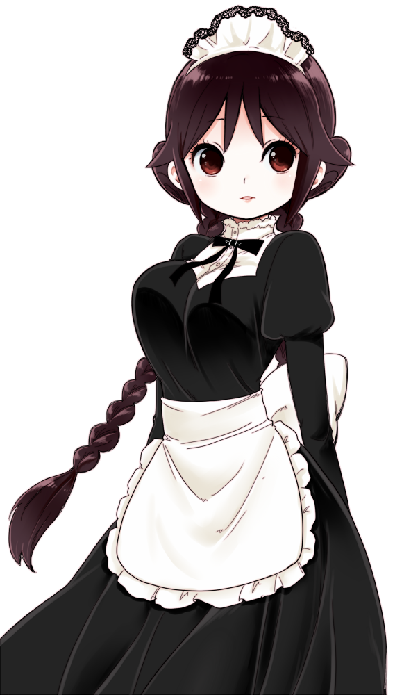 1girl, alternate_costume, apron, arms_behind_back, back_bow, bangs, black_dress, bow, braid, breasts, brown_hair, cowboy_shot, double_bun, dress, enmaided, eyebrows_visible_through_hair, eyelashes, frilled_apron, frilled_hairband, frills, hairband, high_collar, juliet_sleeves, lace_trim, large_breasts, light_blush, light_smile, long_dress, long_sleeves, looking_at_viewer, looking_to_the_side, low_twintails, maid, maid_headdress, official_art, parted_lips, puffy_sleeves, red_eyes, sana_(memechi), solo, tachibana_yuzuki, taisho_otome_otogibanashi, transparent_background, twin_braids, twintails, waist_apron, white_apron, white_bow, white_hairband