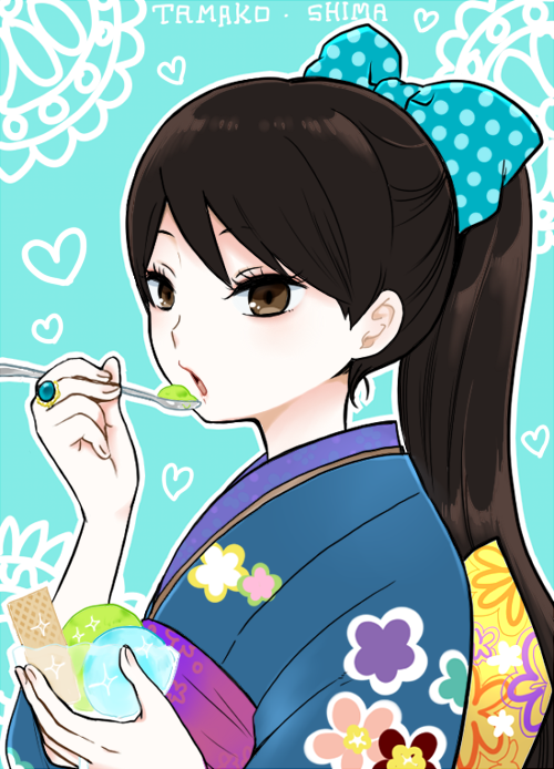 1girl, :o, alternate_hairstyle, aqua_background, bangs, black_hair, blue_bow, blue_kimono