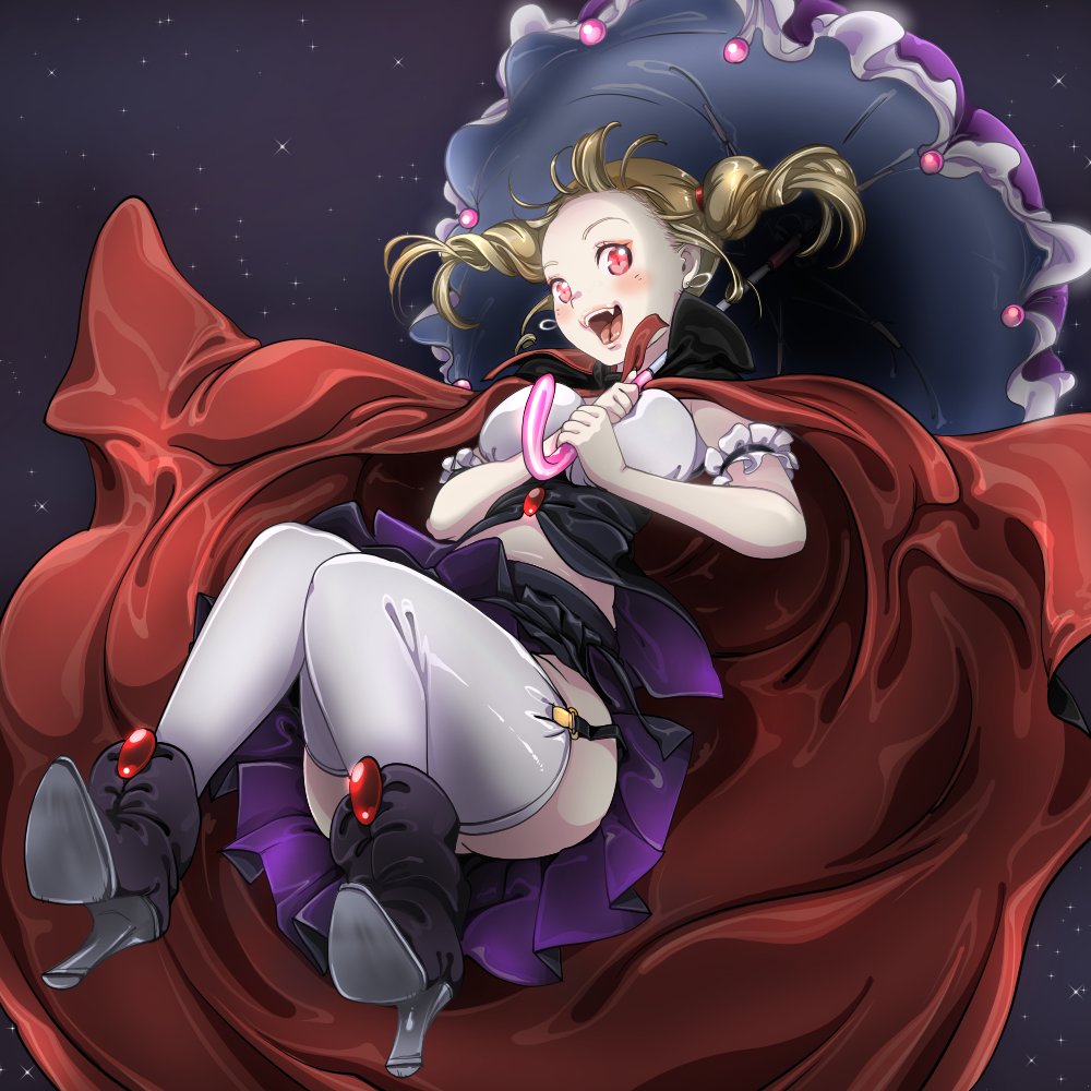 1girl, arm_garter, bangs, black_cape, black_footwear, black_skirt, blonde_hair, blush