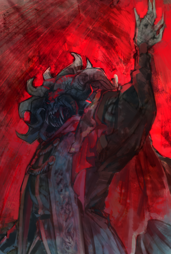 1boy, blood, elden_ring, hand_up, long_sleeves, male_focus, mohg_lord_of_blood, monster, red_eyes, robe, sharp_teeth, solo, spoilers, tabard, teeth, tentacle_hair, what_matthias