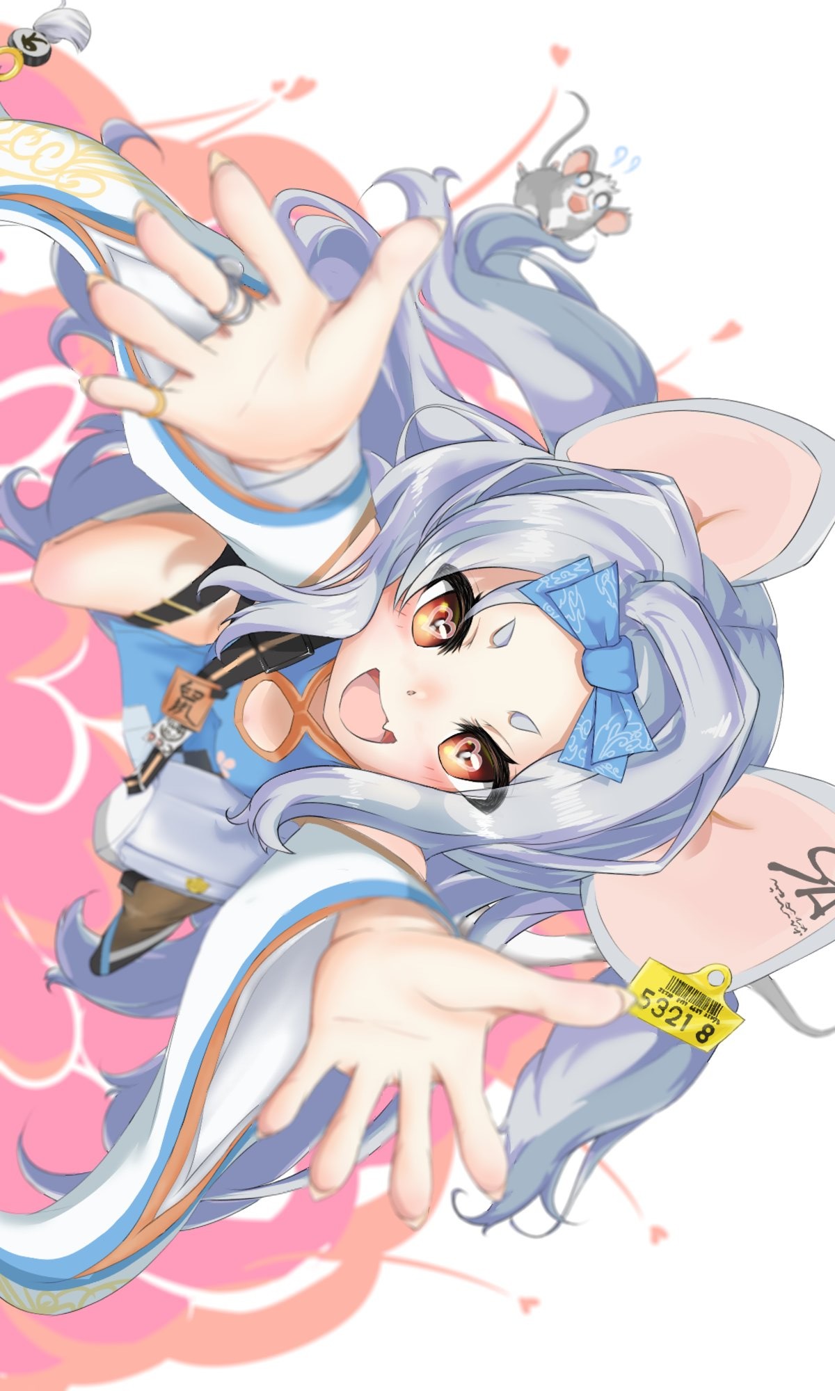 absurdly_long_hair, akatsuki_(akatsukinotsuki), animal, animal_ears, aqua_dress, blue_archive, bow, china_dress, chinese_clothes, detached_sleeves, dress, ear_tag, eyebrows, hair_bow, heart, heart-shaped_pupils, highres, jewelry, long_hair, mouse, mouse_ears, mouse_girl, nose, open_mouth, pantyhose, pantyhose_around_one_leg, reaching, ring, saya_(blue_archive), smile, smoke, symbol-shaped_pupils, very_long_hair