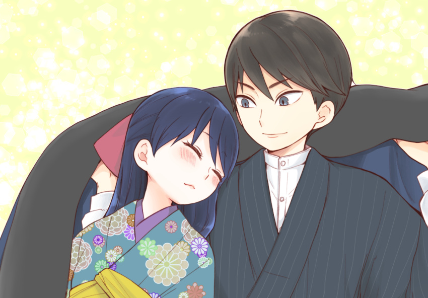 1boy, 1girl, ^_^, bangs, black_hair, blanket, blue_kimono, blush
