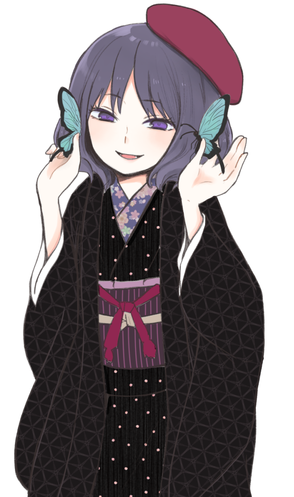 1girl, :d, animal, bangs, beret, black_kimono, blue_butterfly, bob_cut