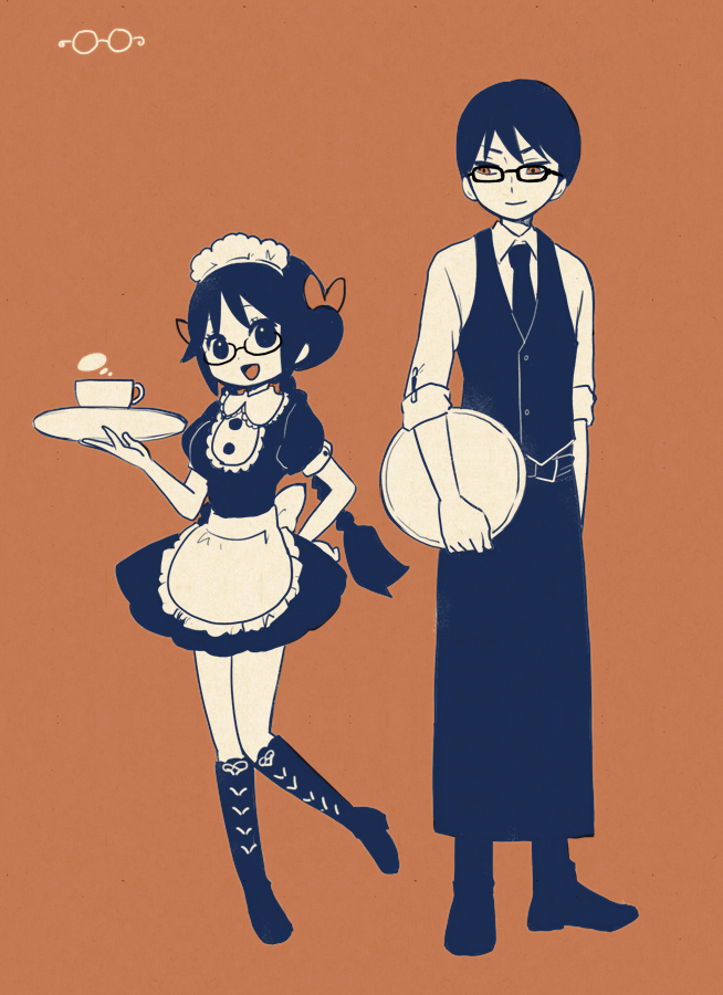 1boy, 1girl, :>, :d, alternate_costume, apron, arm_at_side, back_bow