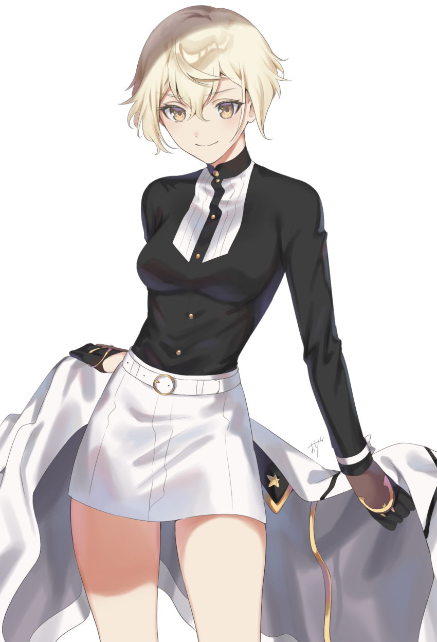 1girl, arm_guards, bangs, belt, black_gloves, black_shirt, blonde_hair, breasts