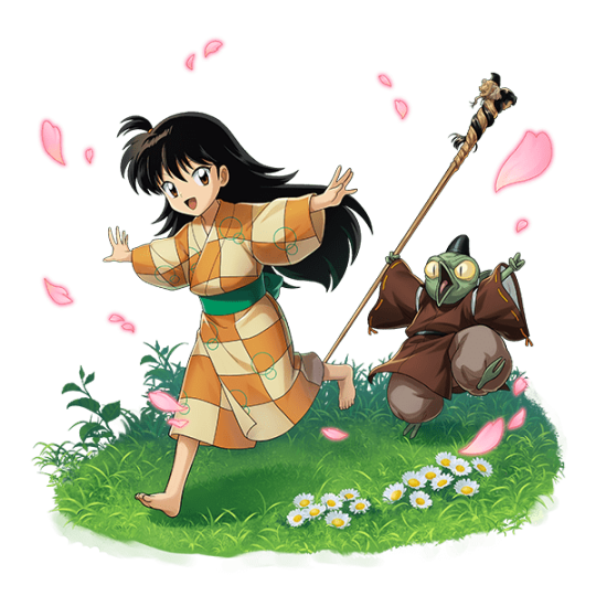 1boy, 1girl, barefoot, brown_hair, cherry_blossoms, crossover, demon, flower, grass, happy, inuyasha, jaken, japanese_clothes, kimono, long_hair, non-web_source, official_art, othellonia, outstretched_arms, rin_(inuyasha), running, spread_arms, staff, very_long_hair