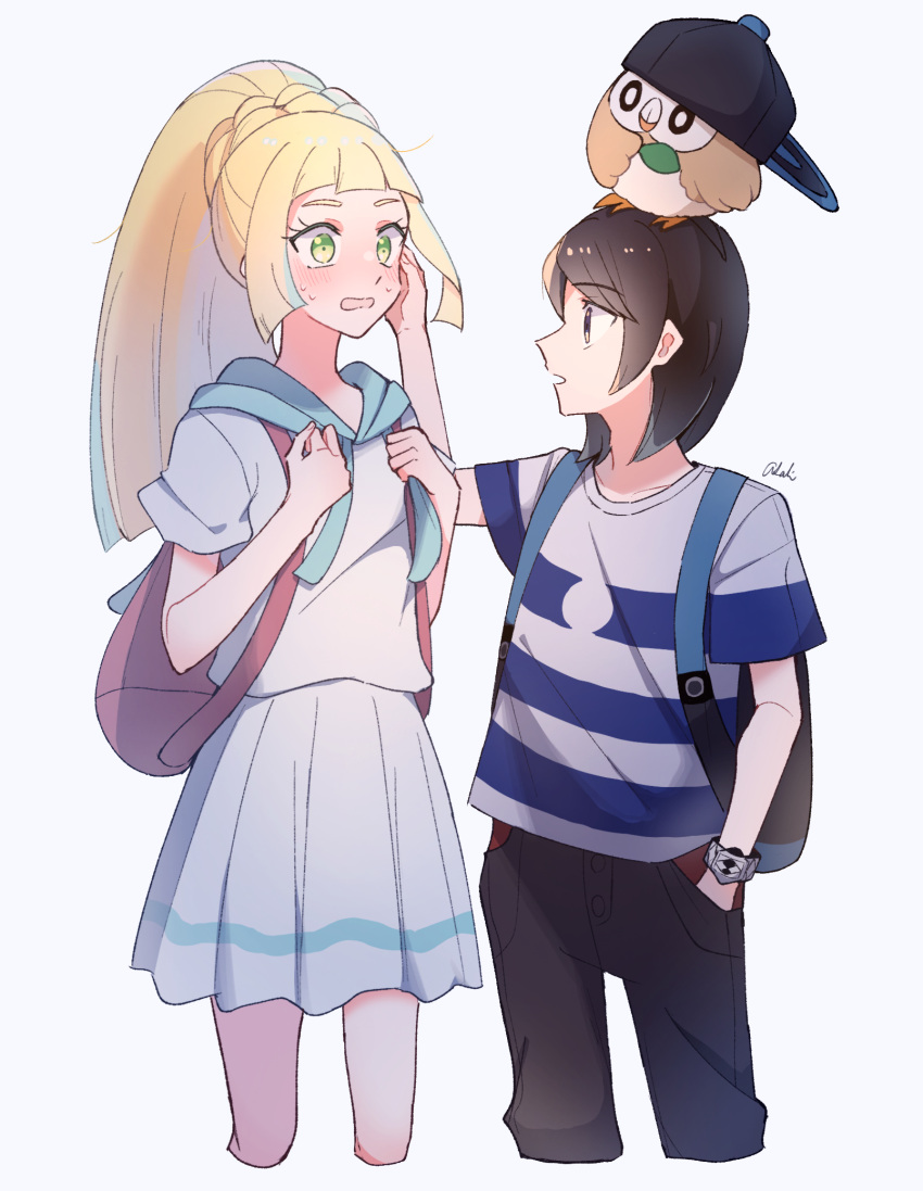 1boy, 1girl, backpack, bag, baseball_cap, black_bag, black_headwear, black_pants