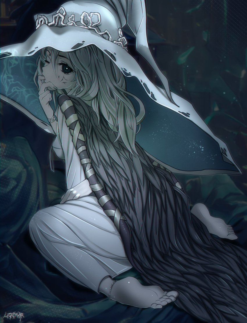 1girl, absurdres, anklet, barefoot, black_eyes, bright_pupils, cloak, colored_skin