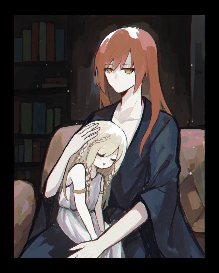 2boys, armlet, black_border, blonde_hair, book, border, braid, child