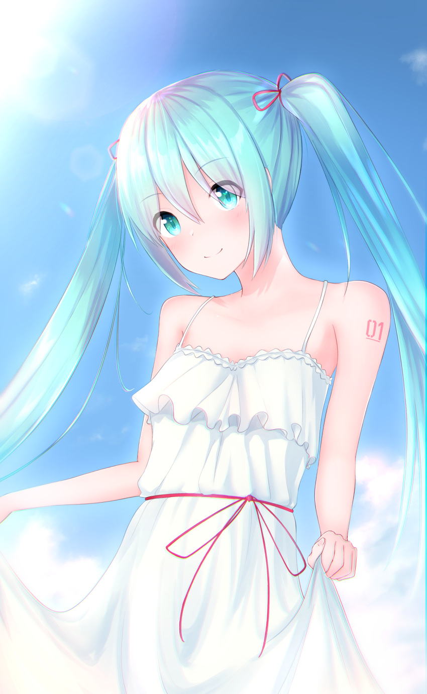 absurdly_long_hair, absurdres, aqua_eyes, aqua_hair, bare_arms, bare_shoulders, caffeinechara, dress