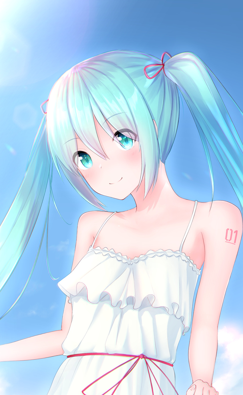 absurdly_long_hair, absurdres, aqua_hair, bare_arms, bare_shoulders, caffeinechara, closed_mouth, dress