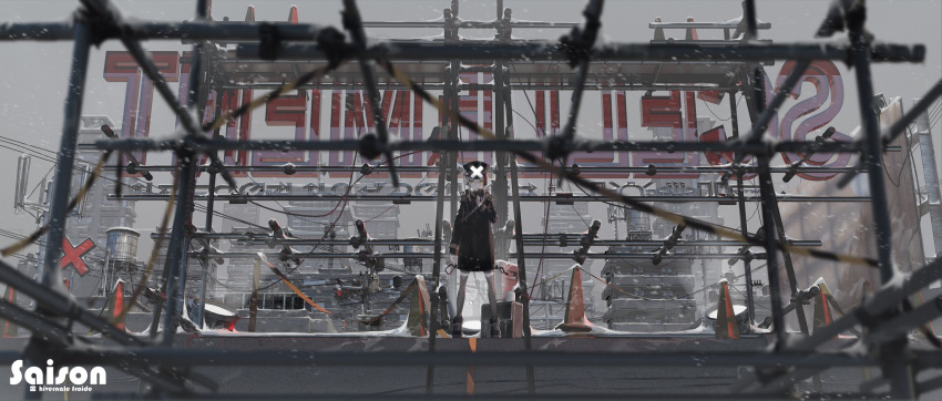 1girl, arm_at_side, black_legwear, blurry, blurry_foreground, building, cable, cityscape