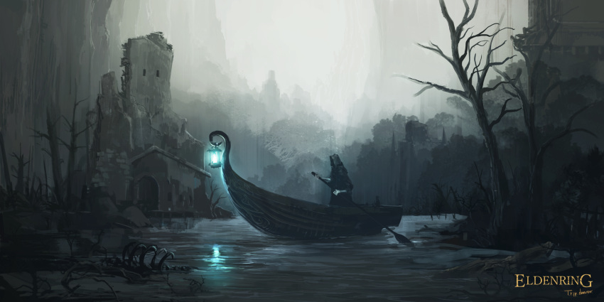 1other, copyright_name, elden_ring, gondola, highres, holding, holding_oar, hood, hood_up, lantern, oar, outdoors, rowing, ruins, signature, solo, tibia_mariner, tripdancer