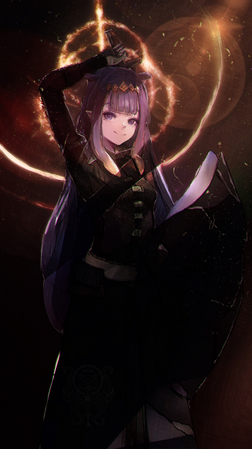 1girl, closed_mouth, dark, elden_ring, gradient_hair, hairband, highres, holding