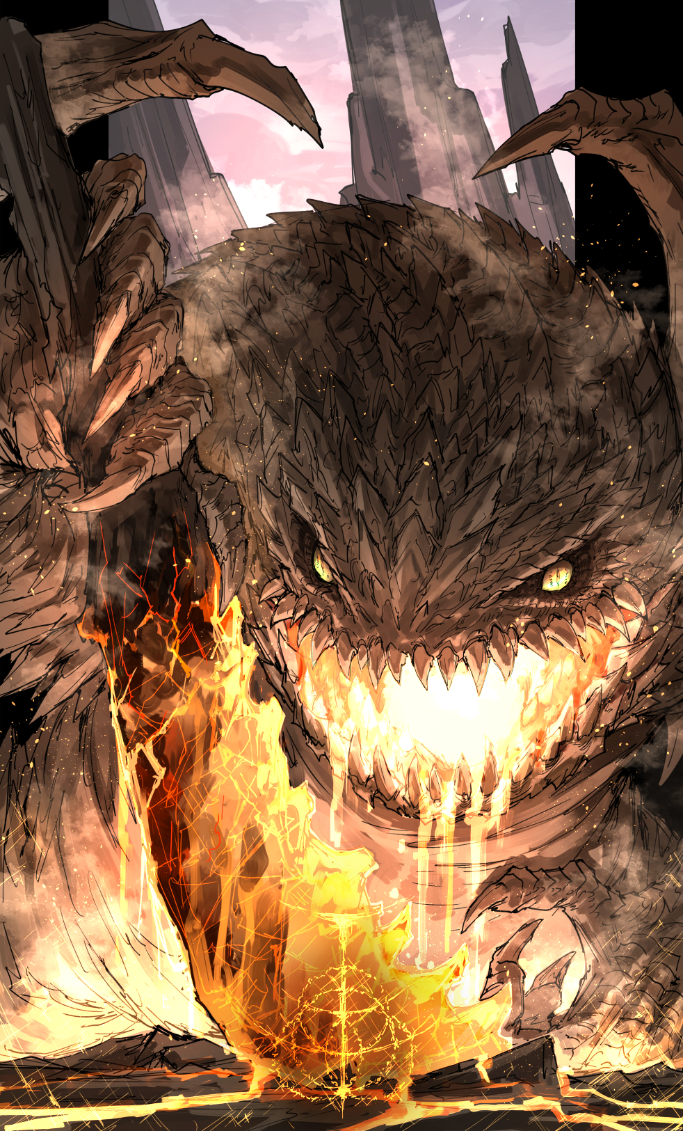 breathing_fire, elden_ring, elden_ring_(object), fire, highres, holding, holding_sword, holding_weapon, kan_(aaaaari35), looking_at_viewer, magma_wyrm_(elden_ring), molten_rock, monster, no_humans, solo, sword, weapon, wyrm